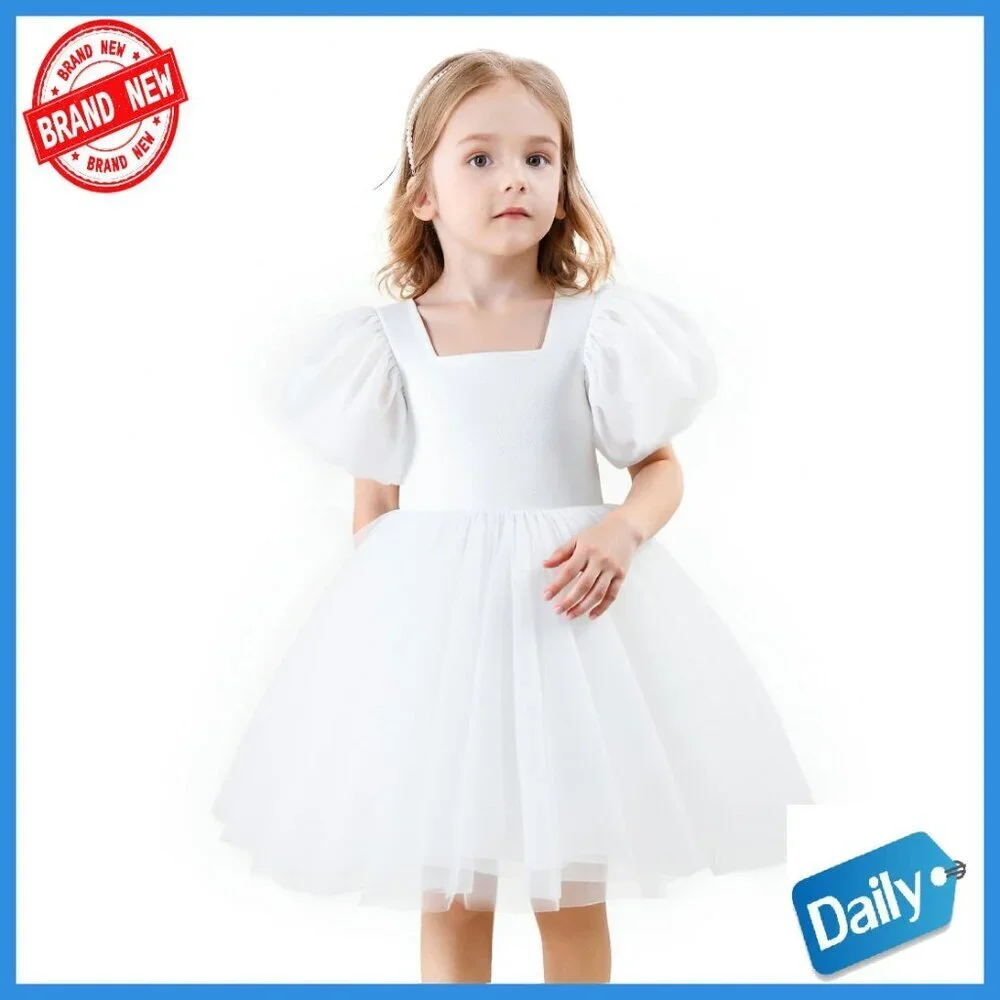 Toddler Girls Puff Sleeve A-Line Swing Dress Formal Party 2-8 Years